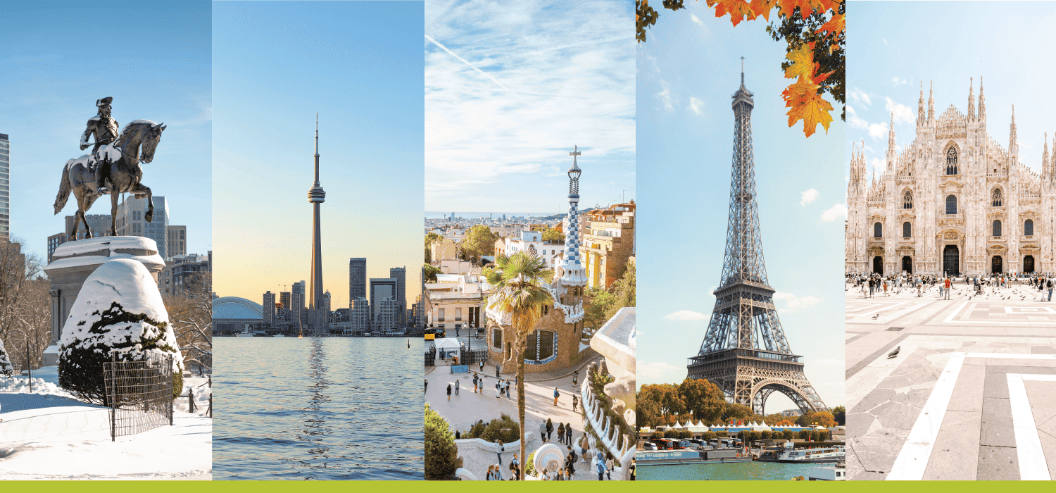 Locais icónicos. Estatua George Washington em Boston, CN Tower em Toronto, Parq Guell em Barcelona, Torre Eiffel em Paris e Catedral Duomo de Milão