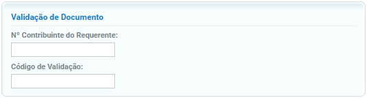 Validação de Documento. Número de contribuinte do requerente e código de validação.
